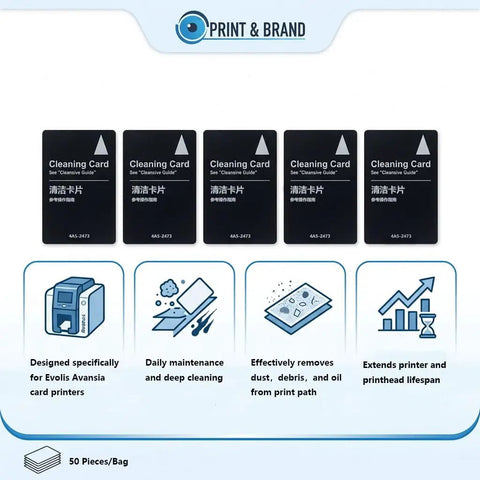 Top Tier Cleaning Cards For Evolis Avansia ID Card Printer 50 Pack displaying cleaning cards with detailed usage information.