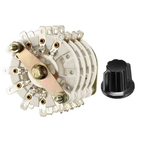 4P8T 4 Pole 8 Position 4 Deck Band Channel Rotary Switch Selector with black knob and mounting nut, 36 pin count, 9.7mm hole.