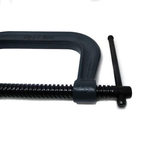 Clamp With Six Inch Jaw Opening And Four Inch Throat Drop Forged Heavy Duty Beast Of A Clamp With 6600 Pound Clamping Force Powder Coated Finish Smooth Spindle For Easy Adjustments Pro Grade For Woodworking And Metalworking Projects black clamp with threaded spindle
