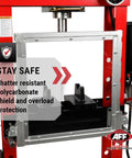 20 Ton Hydraulic Shop Press With Dual Air Motor And 7 Position Bed Height Polycarbonate Shield for safety and durability display.