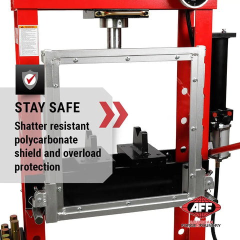 20 Ton Hydraulic Shop Press With Dual Air Motor And 7 Position Bed Height Polycarbonate Shield for safety and durability display.