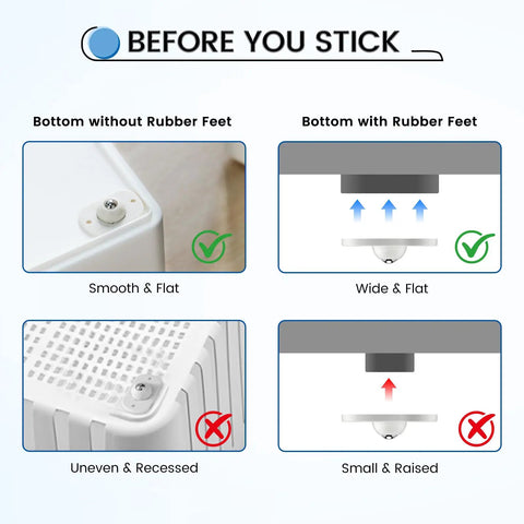 Instructional image showing proper installation tips for Self Adhesive Caster Wheels And 360 Degree Swivel Rollers With Strong Sticky Pad.