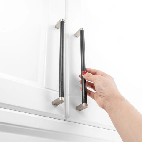 Knurled Black And Nickel Cabinet Pull Handle For Kitchen Cabinets And Dressers, One Piece Metal Pull With Eight Point Eight Inch Spacing