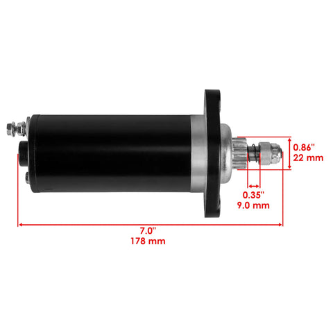 Side view of Beefed-Up Starter Motor for Mercury Outboard 8HP and 9.9HP 2005 to 2011 with measurements shown