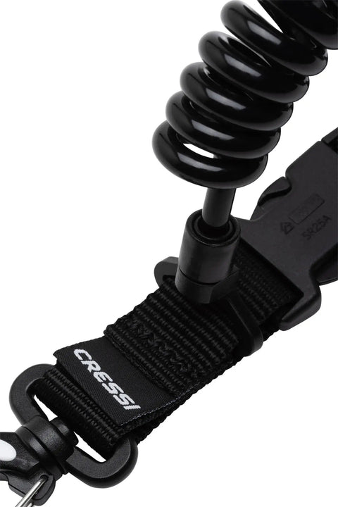 Close-up of black Coiled Lanyard For Securing Dive Gear To BCD With Quick Release Buckle and snap, designed for divers.