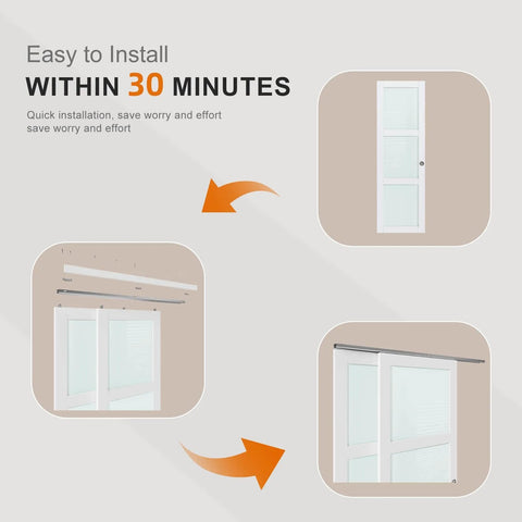 Double 25 Inch Sliding Closet Door Set installation steps with 3-lite frosted glass and hardware track kit for bedroom use.