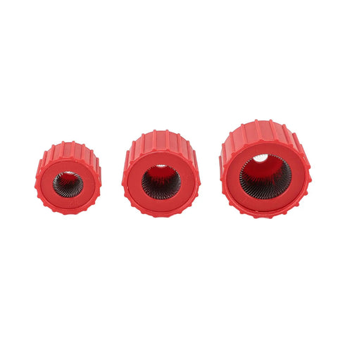 Set of three red pipe cleaning brushes from Power Drill Copper Pipe Cleaner Kit For Half Inch, Three Quarter Inch, And One Inch Tubes Cleaning Brush Set