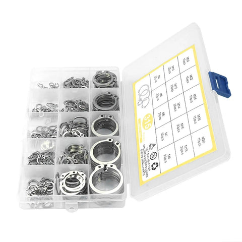 315 Piece 304 Stainless Steel External Retaining Ring Kit M4 To M28 Shaft C Type Snap Rings in clear container