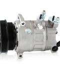 Heavy Duty 12V Auto AC Compressor With Clutch Makes A Quick Straight Swap For Vw Beetle Golf Passat And Tt Rs Quattro unit side view with black pulley