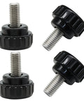 Built Tough M8 X 16mm Knurled Thumb Screws 4 Piece Set Crafted From Solid 304 Stainless Steel With Precision Threads that Grip Tight and Beat Back Corrosion For Hassle Free Hardware Assembly, showing black knurled grips.