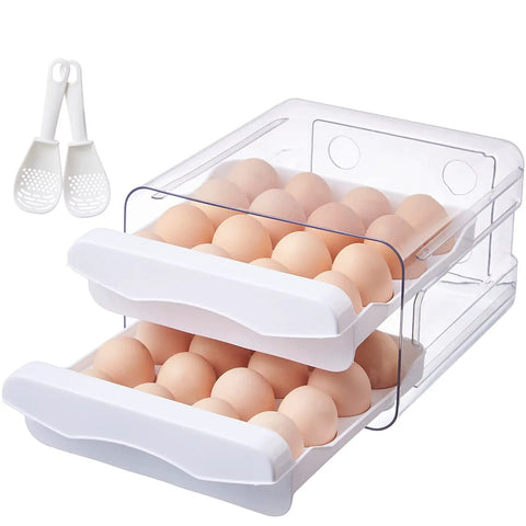Large Capacity Egg Storage Box For Refrigerator With 2 Drawers, Clear Plastic Egg Holder Keeps Up To 32 Eggs Fresh In Fridge