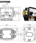 Specifications diagram of AC Contactor 1 Pole 25A 24V Workhorse Heavy Duty Definite Purpose Relay with copper coil and flame retardant housing