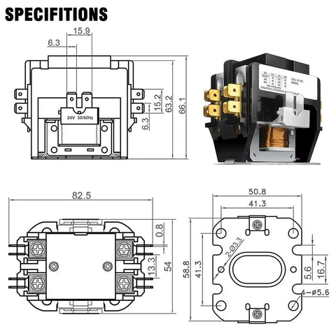 Specifications diagram of AC Contactor 1 Pole 25A 24V Workhorse Heavy Duty Definite Purpose Relay with copper coil and flame retardant housing