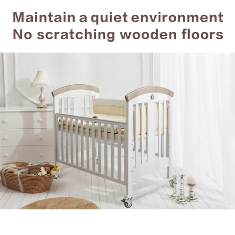 Crib with 2 Inch Non Marring Rubber Caster Wheels 4 Pack With Brakes in a nursery room