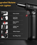 Butane Torch Lighter With Visible Fuel Window Refillable Soldering Torch With Adjustable Flame For Welding Resin Art And Industrial DIY Projects Easy One Handed Operation, black design, side view with features labeled