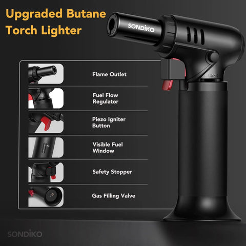 Butane Torch Lighter With Visible Fuel Window Refillable Soldering Torch With Adjustable Flame For Welding Resin Art And Industrial DIY Projects Easy One Handed Operation, black design, side view with features labeled