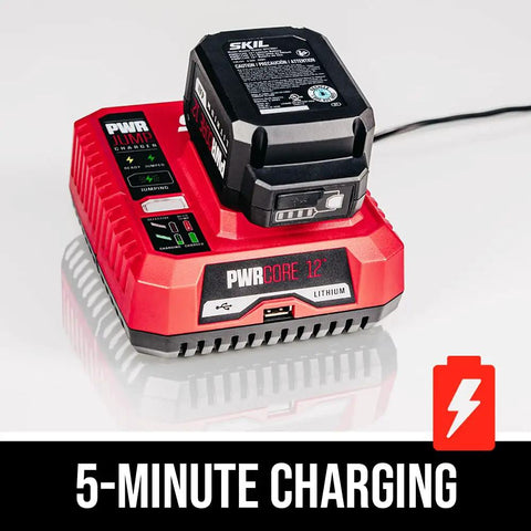 Badass Brushless 12V Cordless Drill And Five Half Inch Circular Saw Power Tool Combo Kit With Lithium Battery and Lightning Fast Charger on charger