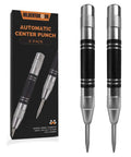 Spring Loaded Center Punch 5 Inch Adjustable Tension Punch Tool For Metal Wood Glass Plastic 2 Pack With Precise Marking No Hammering Required Pro Grade Quality For DIY Projects, showing two metal tools and packaging.
