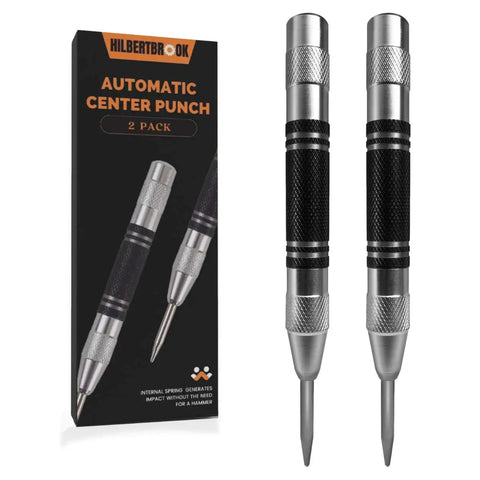 Spring Loaded Center Punch 5 Inch Adjustable Tension Punch Tool For Metal Wood Glass Plastic 2 Pack With Precise Marking No Hammering Required Pro Grade Quality For DIY Projects, showing two metal tools and packaging.