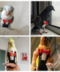 Bird Diaper Harness Tuxedo Flight Suit With Waterproof Inner Layer For Parrots Cockatiels Conures Parakeets Macaws Budgies 80 Inch Flying Leash Ultra Comfortable And Durable Bird Gear displayed on birds in tuxedo design.