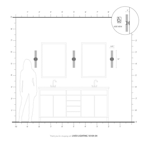 Diagram of Two Light Slick Black ADA Vanity Light with Satin Opal Glass Cylinders from Aero Collection in bathroom setup.