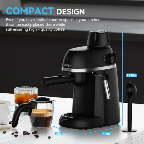 3.5 Bar Espresso And Cappuccino Machine With Steam Wand For Quick Lattes At Home, Compact Coffee Maker, side view, black