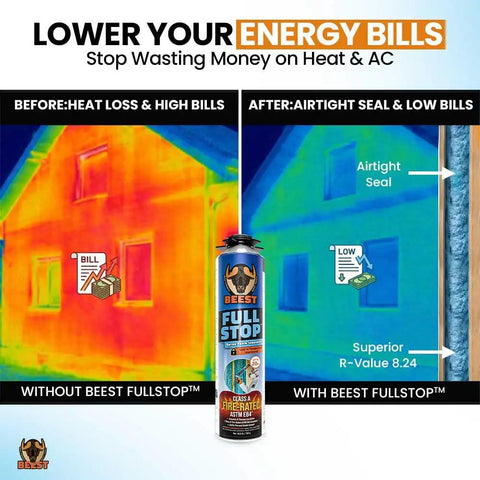 Before and after comparison of Heavy Duty Spray Foam Insulation Kit Class A Fire Rated R Value 8 24 showing energy efficiency with color imagery.