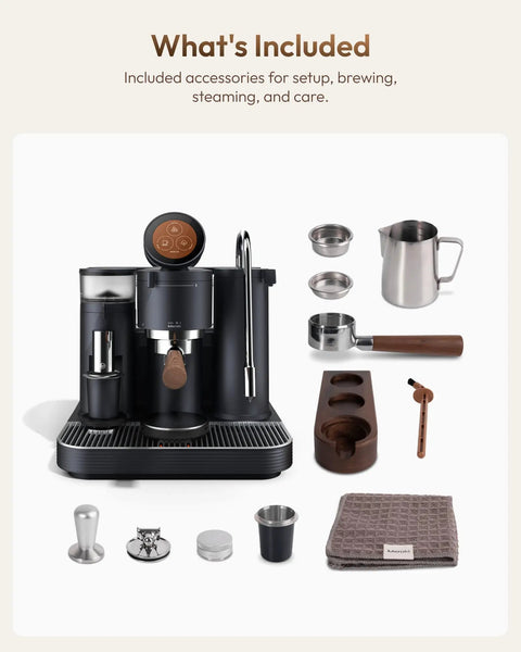 Game Changing Dual Boiler Espresso Machine With Integrated Precision Grinder And Dual Weight Sensors For Reliable Shot Prep and silky steamed milk accessories.