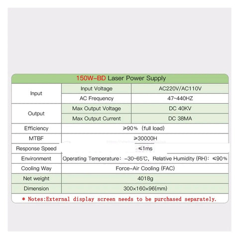 150W BD Power Supply With Display Screen For 130W Tube Spare Part Replacement Industrial Grade 110V drive unit spec table