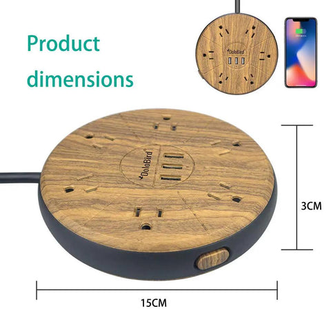 Round wooden power strip with 6 AC outlets and 3 USB ports, 15cm diameter, 3cm height. Power Strip With Surge Protector 6 AC Outlets And 3 USB Ports Charging Hub Long Extension Cord Right Angle Flat Plug Widely Spaced Sockets Circuit Breaker Safeguard For Home Office Dorm Room visible.