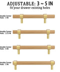 Natural Wood Kitchen Cabinet Handles 2 To 5 Inch 4 Piece Set Center To Center Adjustable Double Hole Euro Scandi Modern Dresser Knob Unfinished DIY Drawer Pull With Brushed Brass Base showing size options from 3 to 5 inches.