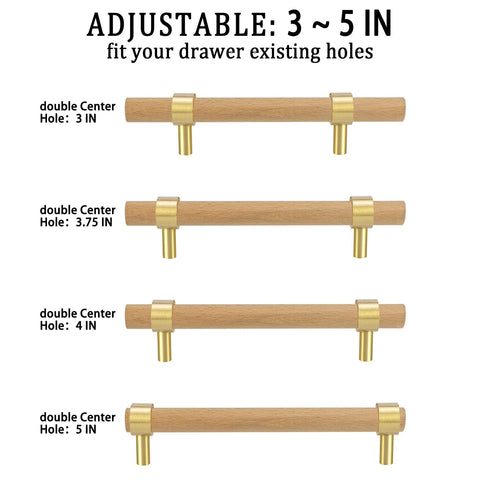 Natural Wood Kitchen Cabinet Handles 2 To 5 Inch 4 Piece Set Center To Center Adjustable Double Hole Euro Scandi Modern Dresser Knob Unfinished DIY Drawer Pull With Brushed Brass Base showing size options from 3 to 5 inches.