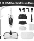 Heavy Hitting 10 In 1 Steam Mop With Detachable Handheld Unit, various attachments and microfiber pads displayed.