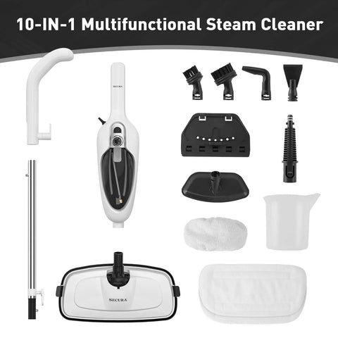 Heavy Hitting 10 In 1 Steam Mop With Detachable Handheld Unit, various attachments and microfiber pads displayed.