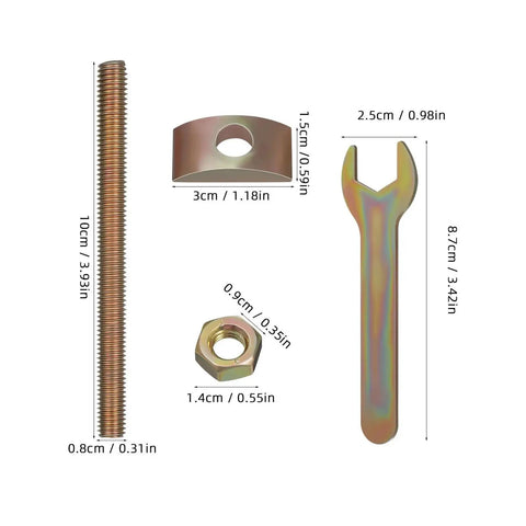 Half Moon Countertop Joint Bolts Kit For Tabletops And Furniture, showing bolt, wrench, nut, and bracket with dimensions