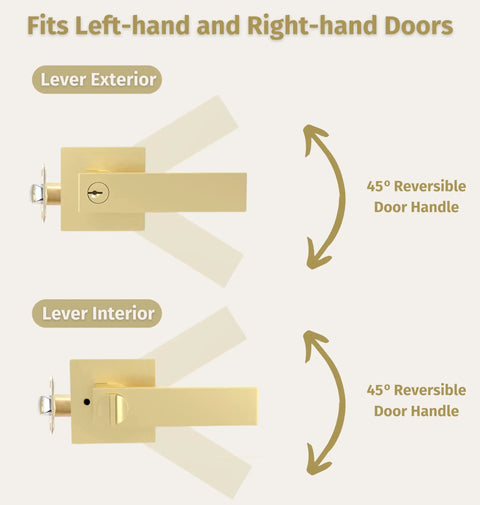 Entry Lever Door Handle And Single Cylinder Deadbolt Lock Combo Pack Heavy Duty Satin Brass Reversible Square Locking Lever Set
