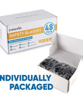 Bulk pack of 48 individually packaged tinted safety glasses with dark lenses for UV protection in an open box.