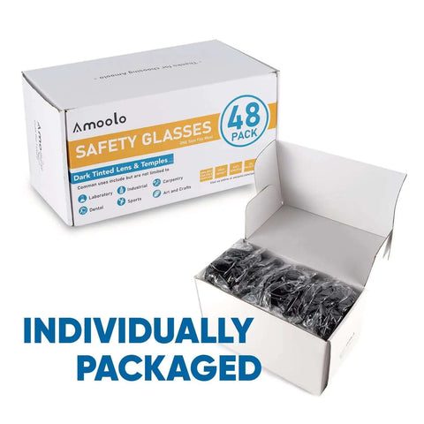 Bulk pack of 48 individually packaged tinted safety glasses with dark lenses for UV protection in an open box.