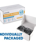 Bulk Pack 48 Tinted Safety Glasses With Dark Smoke Lenses For UV400 Protection shown in open box