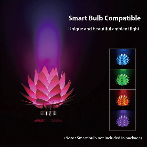 Boho Lotus Flower Table Lamp with Wood Base, Vintage Style Decorative Light, glowing in multiple colors, compatible with smart bulbs