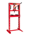 Heavy Duty 12 Ton Hydraulic Shop Press Beefy H Frame Design With Adjustable Work Table For Home Garage Mechanics showing sturdy red steel frame.