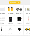 Package contents of 2WD Robot Car Chassis Kit With TT Motors Battery Box Clear Acrylic Chassis And Two Wheels For DIY Robotic Projects Compatible With Arduino Raspberry Pi Jetson Awesome For Education Prototyping And Sensor Tutorials.