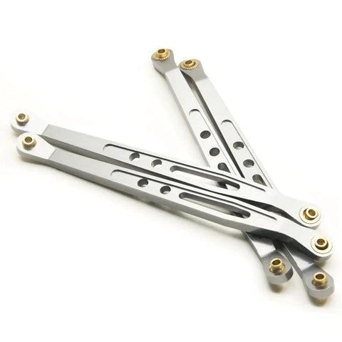 Eight Piece Lower And Upper Suspension Link Rod Linkage Set For 1 To 10 Scale RC Wraith 90018 Made From Aluminum Alloy For Durable Off Road Performance With Smooth Suspension And Reduced Friction On Rough Terrain. Silver aluminum RC crawler suspension links with brass bushings