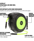 Retractable Enclosed Plastic Air Hose Reel Three Eighths Inch By Fifty Foot Heavy Duty Lightweight Hybrid ZillaGreen Side View