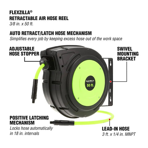 Retractable Enclosed Plastic Air Hose Reel Three Eighths Inch By Fifty Foot Heavy Duty Lightweight Hybrid ZillaGreen Side View