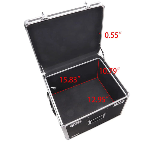 Open Portable Locking File Box With Dual Combination Lock For Legal And Letter Size Docs showing interior dimensions in inches.