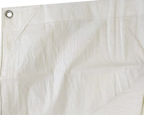 Corner view of 15 By 20 Ft Fire Retardant Tarp For Construction Job Sites White Beefy Heavy Duty Tarpaulin That Passes FR CPAI 84 Standards
