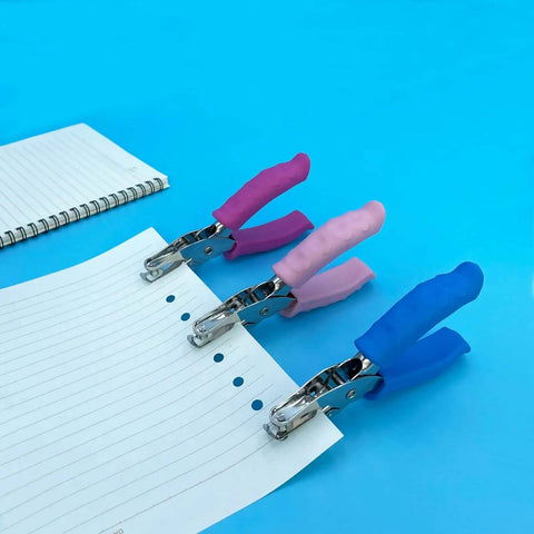 Three 1/4 Inch Hole Punchers For Crafts with blue soft grip, punching holes in lined paper, suitable for kids and adults.