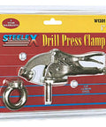 Heavy Duty 6 Inch Drill Press Clamp With Steel Jaw Grabs Like A Vice keeps workpiece locked down, packaged in plastic.