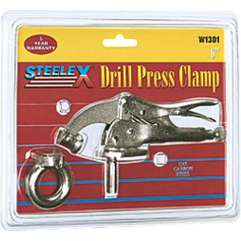 Heavy Duty 6 Inch Drill Press Clamp With Steel Jaw Grabs Like A Vice keeps workpiece locked down, packaged in plastic.
